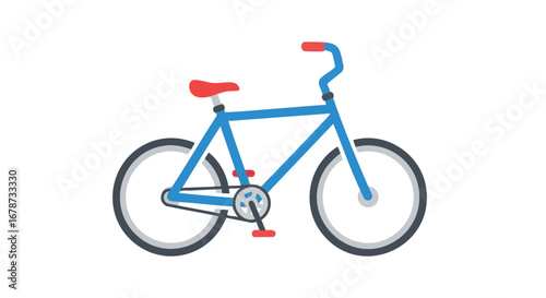Stylized bicycle illustration displaying a blue frame, red seat and handles, and gray wheels, suitable for children or cycling enthusiasts