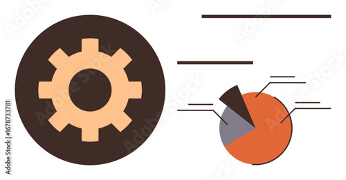 Gear alongside a pie chart and data flow lines, symbolizing analytics, productivity, and progress. Ideal for business, strategy, technology, teamwork, workflow data insights simple flat metaphor