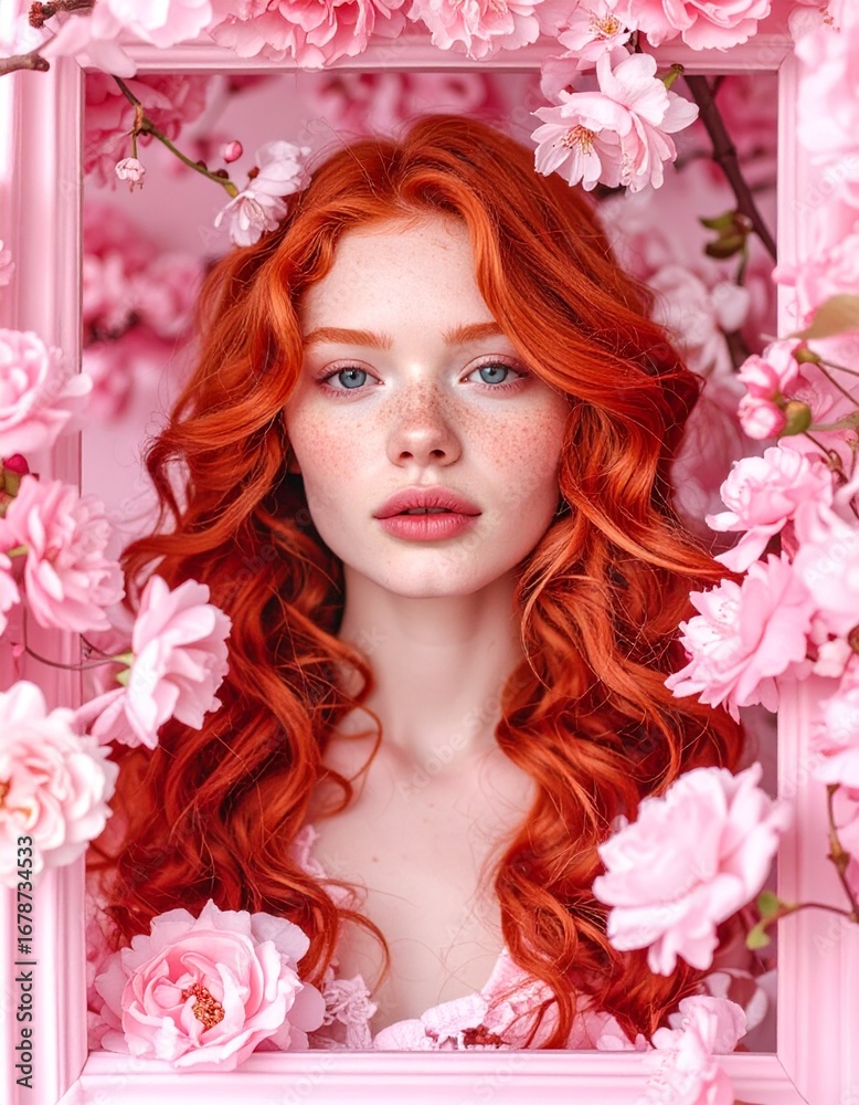 Naklejka premium Close-up portrait of a young beautiful girl, romantic redhead with blue eyes. Floral frame.