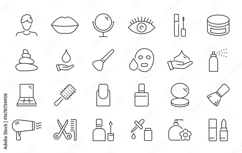 Fototapeta premium Beauty web icons in line style. Cosmetics, make up, fashion, salon, bodycare, beauty therapy, collection. Vector illustration.