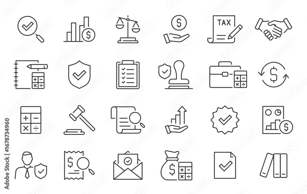 Fototapeta premium Audit web icon in line style. Assessment, calculator, check mark, auditing, inspection, investment, calculation, analytics, collection. Vector illustration.