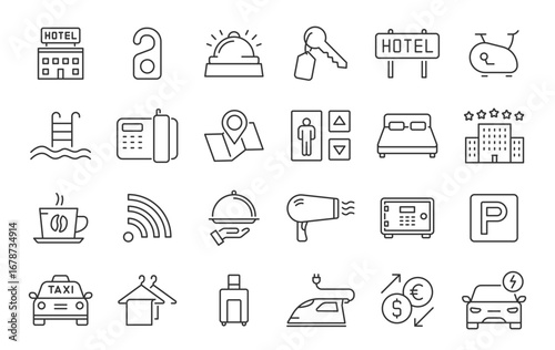 Hotel and apartament web icons in line style. Rental, reservation, hotel booking, room, parking, travel, service, airport, collection. Vector illustration.	