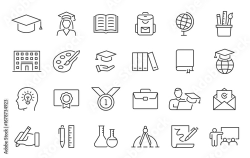 Education web icons in line style. School, university, success, academic, textbook, distance learning, collection. Vector illustration.