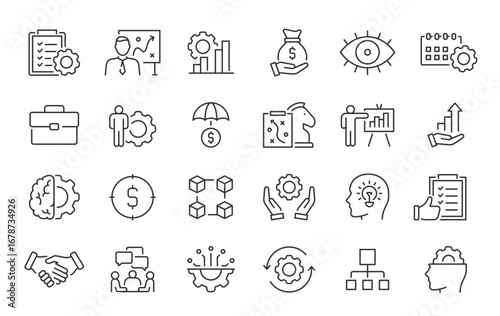 Operations management web icons in line style. Logistics, business process, maintenance, supply chain, improvement, planning, collection. Vector illustration.