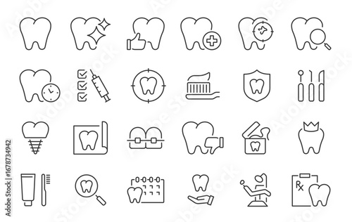 Dentistry web icon set in line style. Dentist, dental, dental treatment, prosthetics, teeth whitening, implant, braces, collection. Vector illustration.