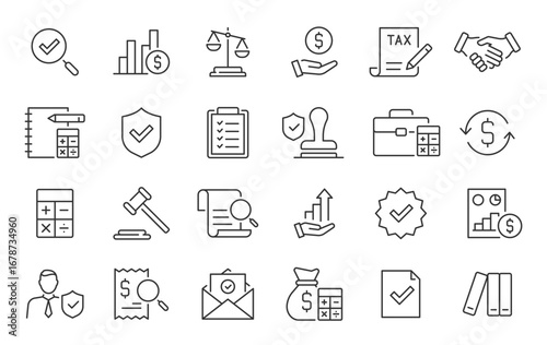Audit web icon in line style. Assessment, calculator, check mark, auditing, inspection, investment, calculation, analytics, collection. Vector illustration.