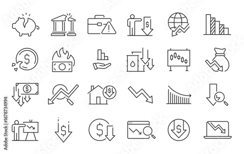 Economic crisis web icon set in line style. Decrease, layoff, job fired, pay cuts, low cost, collection. Vector illustration.