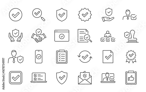 Checkmark and Approved web icon set in line style. Checklist, accepted, stamp, accept, agree, quality control, collection. Vector illustration.