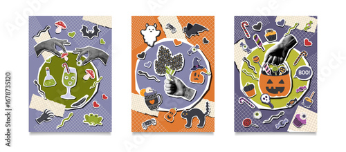 Set of halloween collage posters with stickers objects and photos of a human hands holding a halloween cliparts. Halloween templates. Halloween concept. Vector flat illustrations.
