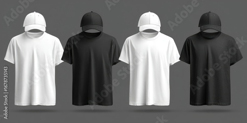 Four apparel items; two white and two black short-sleeved t-shirts paired with baseball caps, shown against a grey background