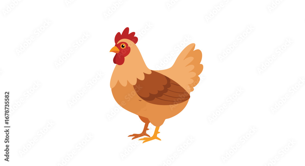 Fototapeta premium Charming cartoon hen with bright plumage, depicted in a simplistic yet expressive style for children's illustrations and educational materials