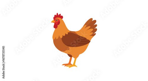 Animated farm animal icon: A friendly illustration of a cartoon chicken with orange and brown feathers standing proudly against a clean white