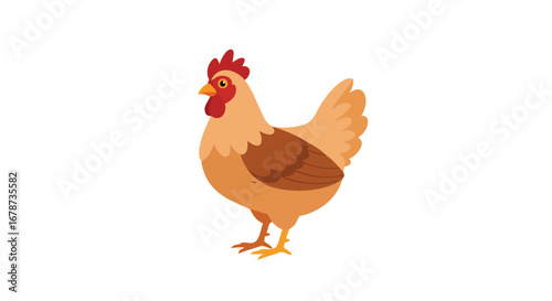 Charming cartoon hen with bright plumage, depicted in a simplistic yet expressive style for children's illustrations and educational materials