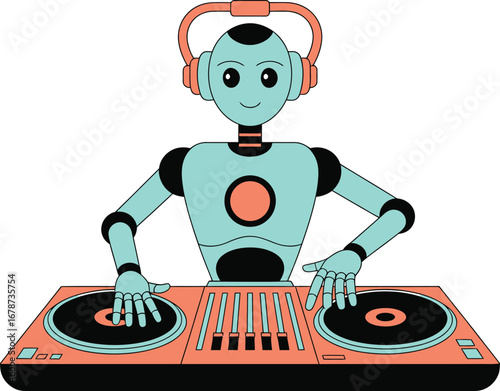 Robot DJ with Headphones and Turntables