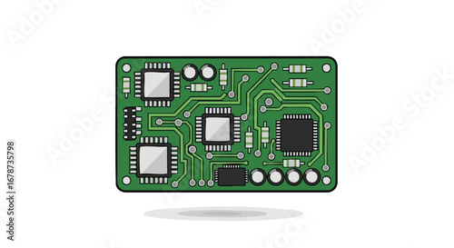 Simplified Microcontroller Board Illustration, Vectorized PCB Design with Electronic Components and Circuit Traces Depicted on a White Background
