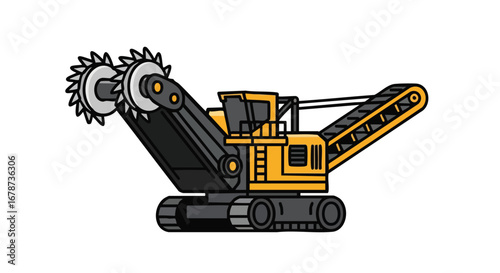 Cartoon illustration displaying a trenching machine with sharp cutting wheels for excavation and construction tasks on a white background
