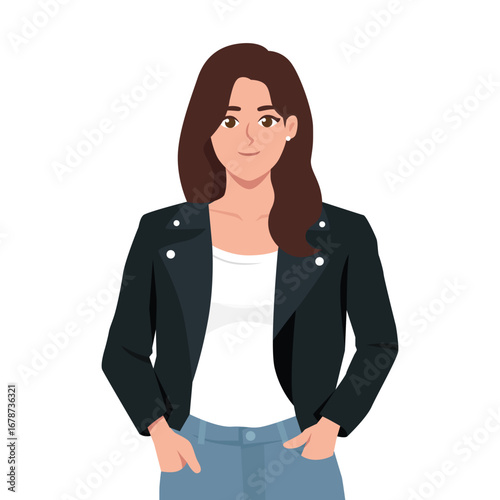 Young woman wearing a black leather jacket, white shirt, and jeans with hands in her pockets. Flat Vector character illustration