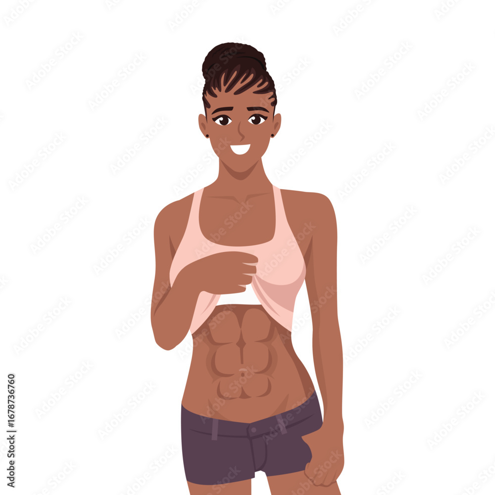 Fototapeta premium Smiling athletic woman lifting her top to reveal well defined six pack abs. Flat Vector character illustration