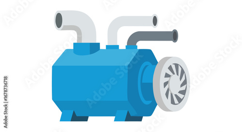 Industrial Water Pump Illustration: Blue Machine with Pipes and Fan on White Background