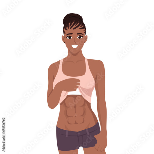 Smiling athletic woman lifting her top to reveal well defined six pack abs. Flat Vector character illustration