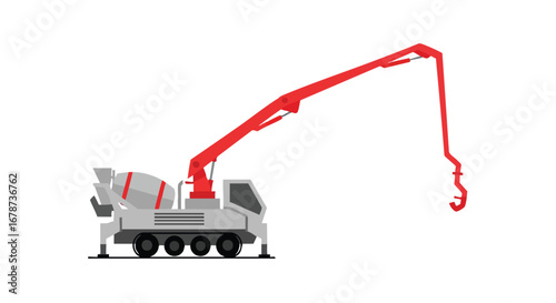 Illustration featuring a concrete pump truck with extended boom on a stark white background showcasing construction equipment in detailed design