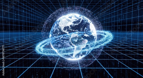 Digital Earth globe surrounded by light rings in a blue grid backdrop