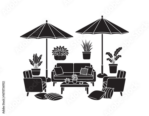 Black glyph icon for patio furniture and accessories. Outdoor lounge seating. Patio umbrellas. A comfy outdoor living space. Silhouette symbol