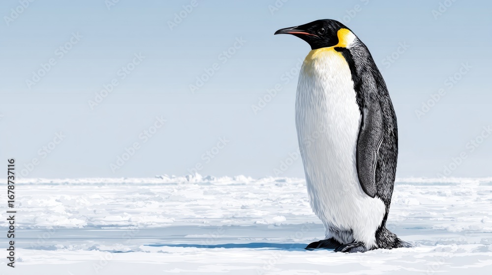 Fototapeta premium Majestic Emperor Penguin Standing Alone on Snowy Ice Landscape