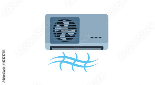 Stylized illustration of an air conditioning unit emitting cool air on a white background creating a feeling of refreshing comfort in hot weather