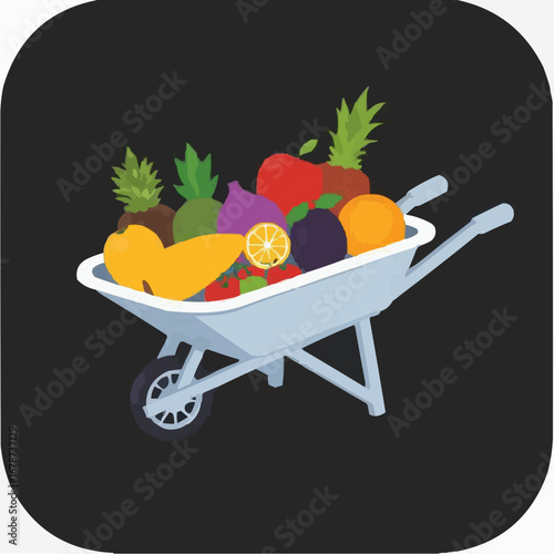 Illustration of a wheelbarrow filled with colorful fruits on a dark background