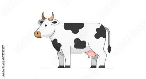 Minimalistic black and white dairy cow with brown horns illustration, perfect for farm animal representation or graphic design projects for children