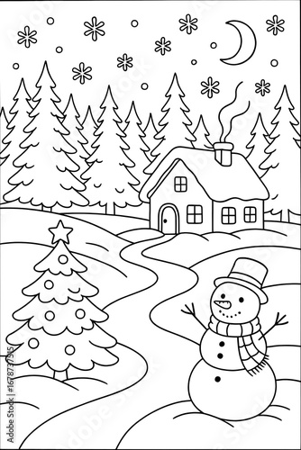 Coloring page for kids and adults, snowman.
