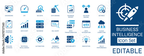 Business Intelligence flat icon set. Includes symbols for Big Data, AI, Dashboard, Automation, and KPI. Vector icons for web, presentations, and infographics.