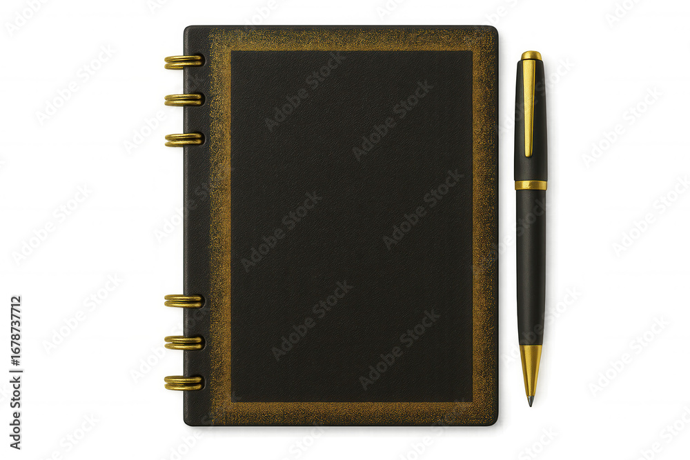 Fototapeta premium Black closed notebook with golden edges and a pen aside, isolated on transparent background, perfect for business and education related visuals