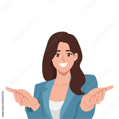 Smiling businesswoman in a blue blazer raising both open hands questioning or presenting gesture. Flat Vector character illustration