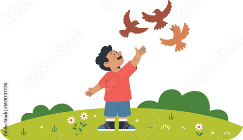 Boy Reaching for Birds in a Sunny Meadow