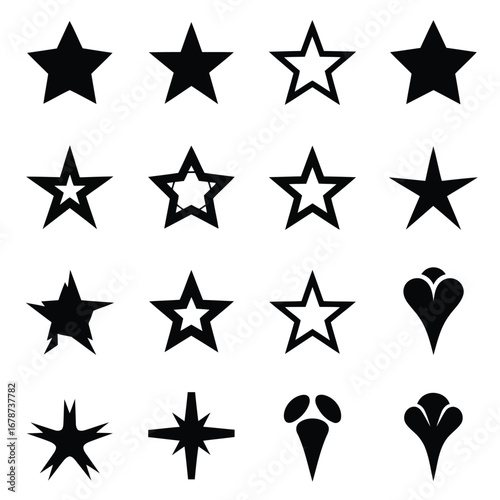 Set of Various Star Shapes and Abstract Flower Icons on a White Background