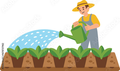 Farmer watering plants in a garden
