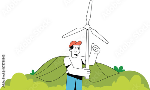 Man with Wind Turbine and Thumbs Up