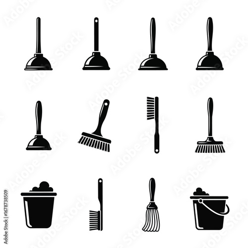 Cleaning Tools Collection Plungers, Brushes, and Buckets