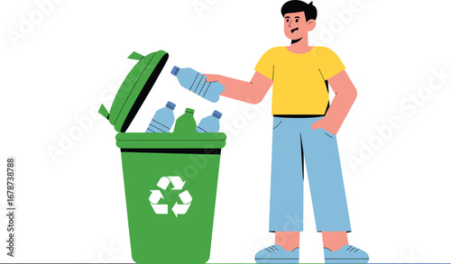Man Recycling Plastic Bottles into Green Bin