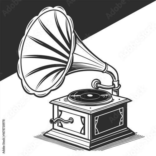 Vintage megaphone illustration  black and white vector design, hand-drawn style with bold lines and shading  communication