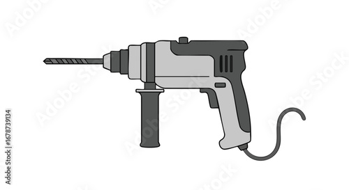 Detailed illustration showcasing a standard grey power drill with a visible drill bit and electrical cord, isolated against a bright white backdrop