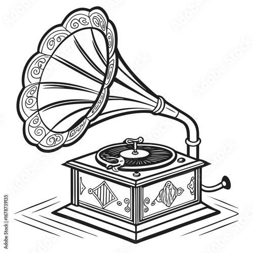 Vintage megaphone illustration  black and white vector design, hand-drawn style with bold lines and shading  communication