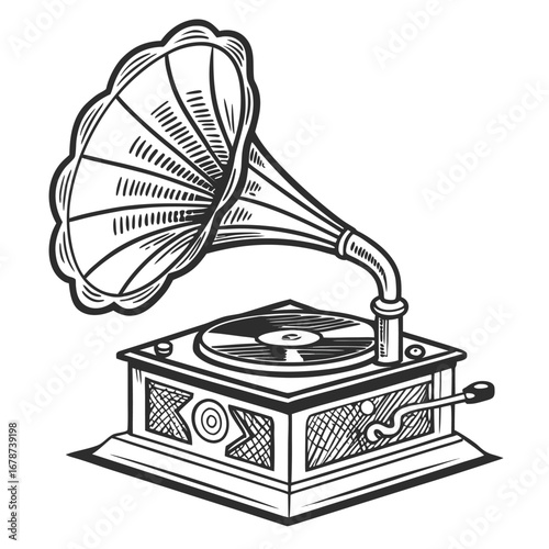 Vintage megaphone illustration  black and white vector design, hand-drawn style with bold lines and shading  communication