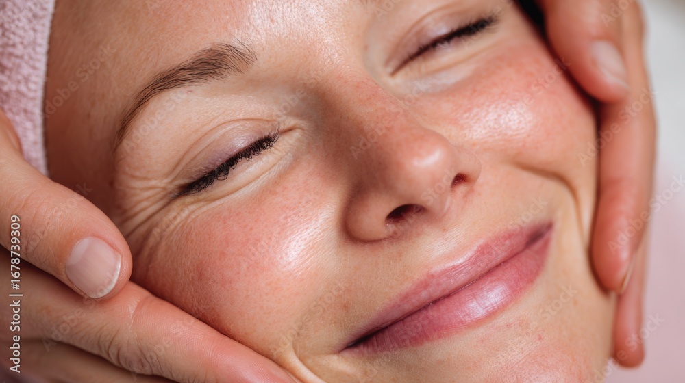 Fototapeta premium Relaxing facial treatment in a serene spa setting with a joyful woman enjoying pampering