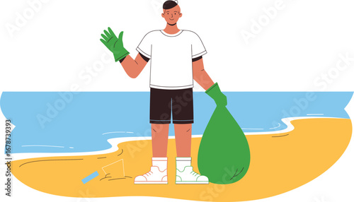 Person cleaning beach with trash bag and gloves