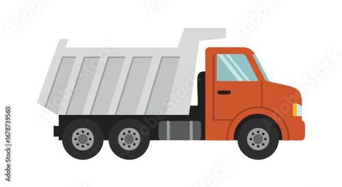 Stylized isolated vector of a bright orange and gray dump truck ready for construction or transportation usage suitable for children book illustration