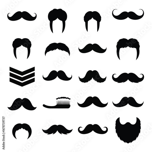 Collection of Silhouetted Mustaches, Beards and Hair Elements in Black and White