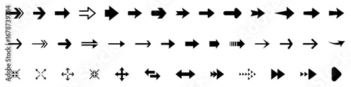 Diverse Set of Black Arrows Icons on a White Background. A comprehensive collection of various arrow shapes and directions.